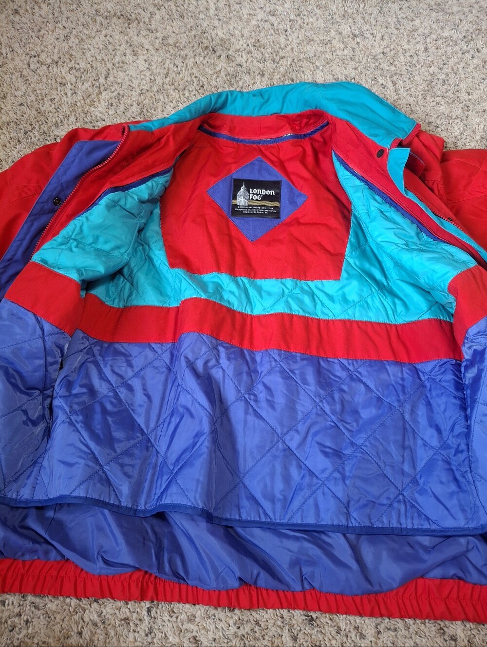 LONDON FOG Colorblock Quilted Jacket - Red, Teal, Blue. Vintage.